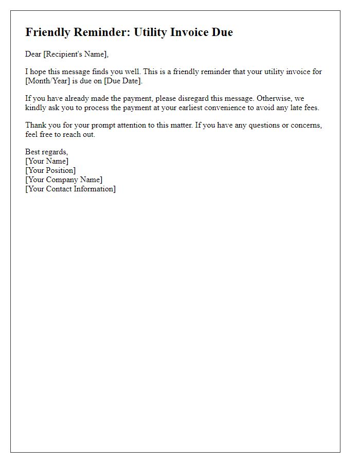Letter template of friendly reminder for utility invoice