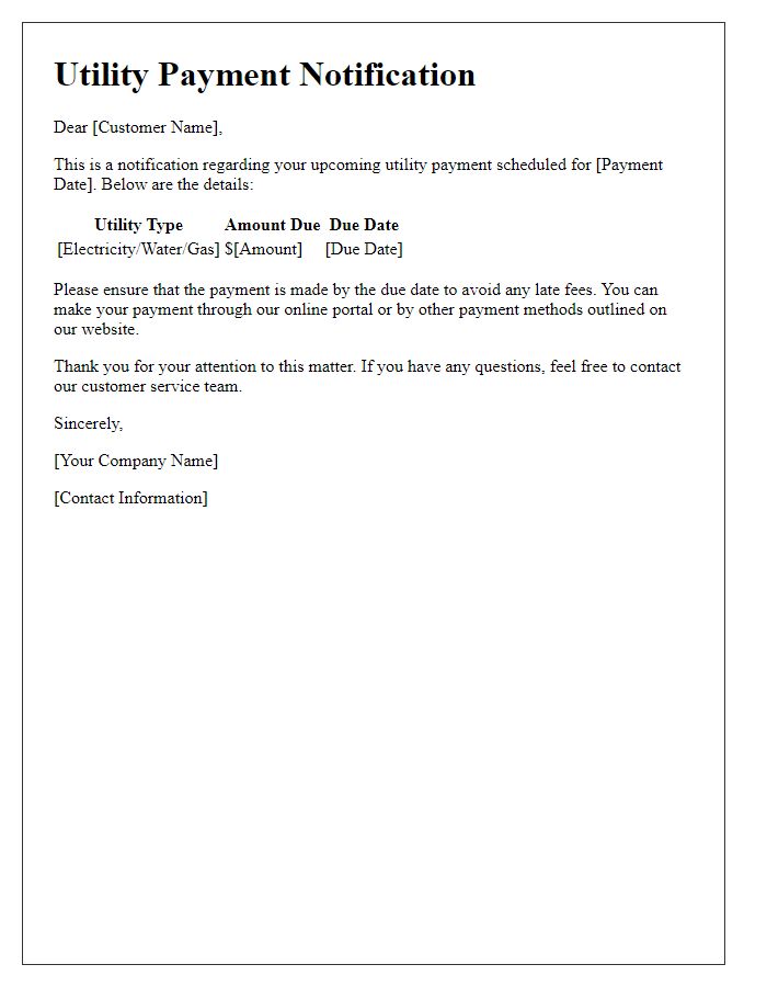 Letter template of scheduled utility payment notification