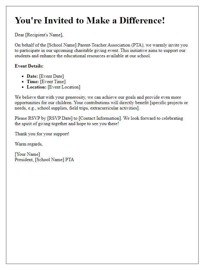 Letter template of charitable giving invitation from school PTA