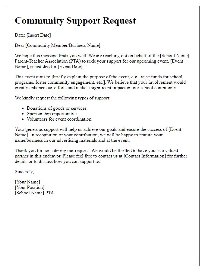 Letter template of community support request from school PTA