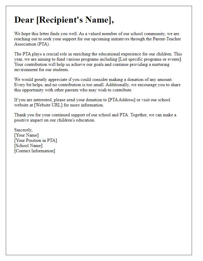 Letter template of contribution solicitation from school PTA