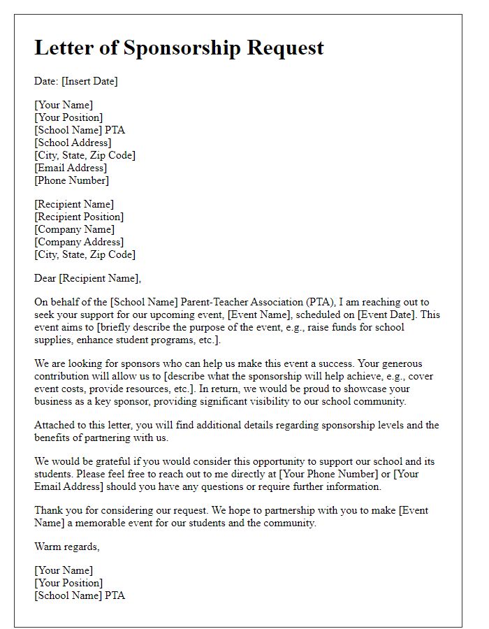 Letter template of event sponsorship request from school PTA