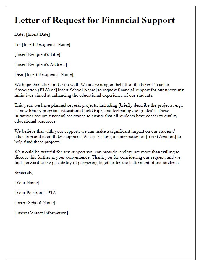 Letter template of financial support request from school PTA