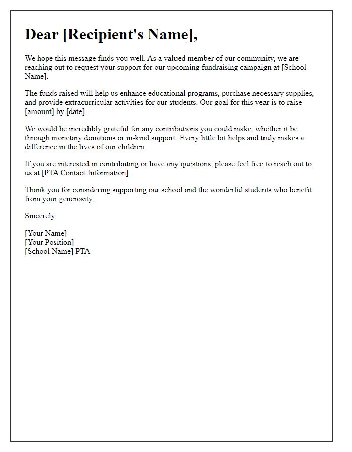 Letter template of fundraising request from school PTA