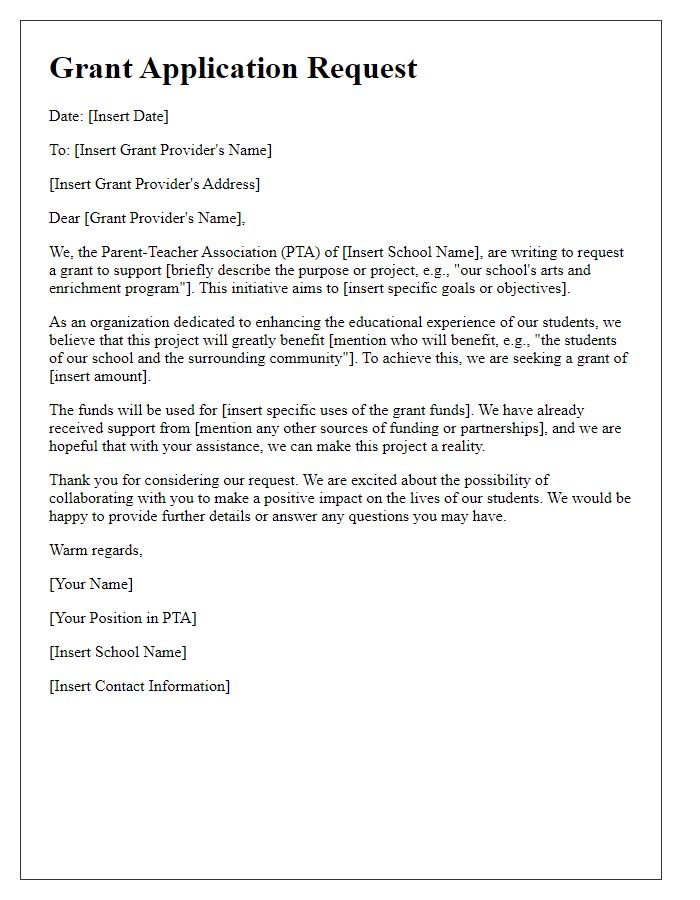 Letter template of grant application request from school PTA