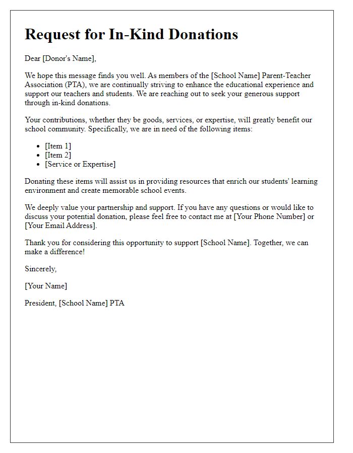 Letter template of in-kind donation solicitation from school PTA