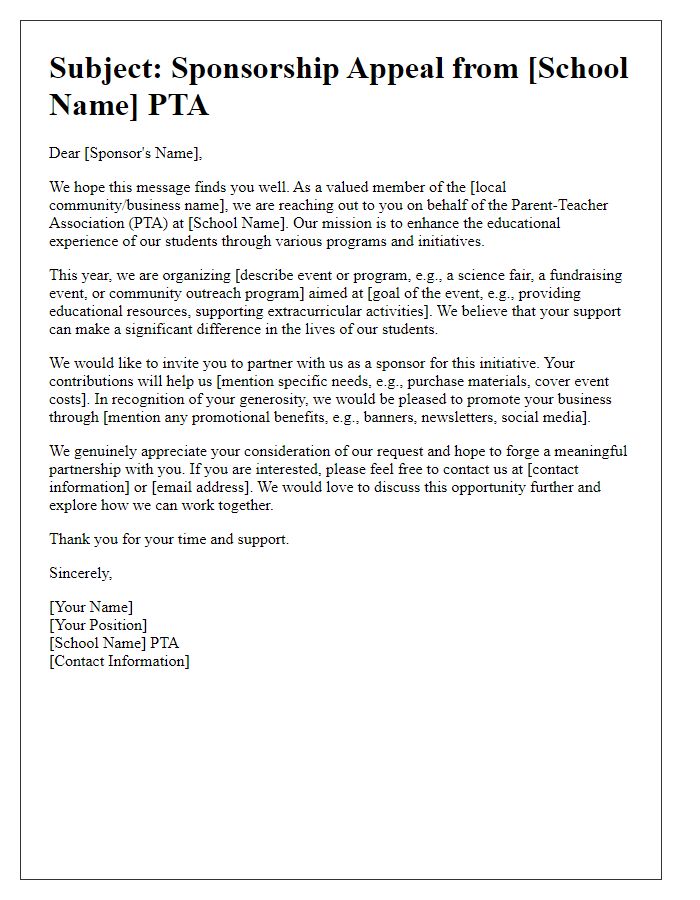 Letter template of sponsorship appeal from school PTA