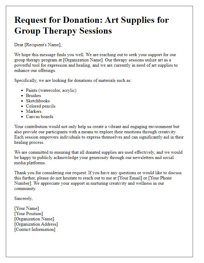 Letter template of a collaborative donation request for art supplies for group therapy sessions.