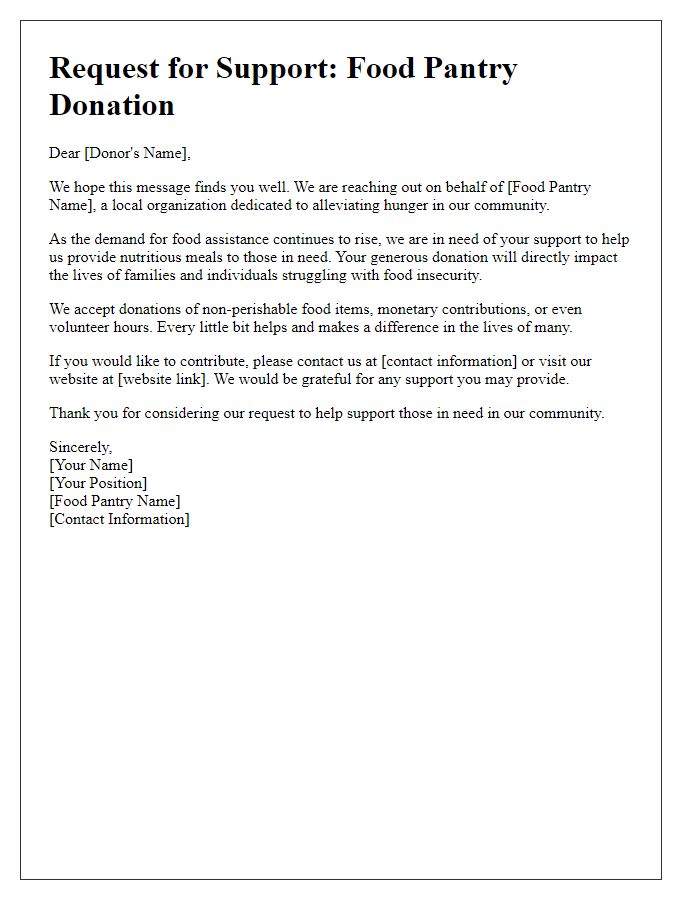 Letter template of food pantry donation request for community support.