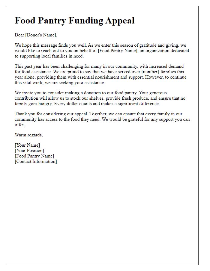 Letter template of food pantry funding appeal for local families.