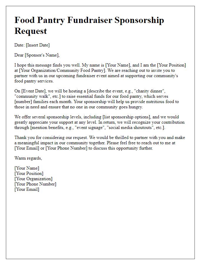 Letter template of food pantry fundraiser sponsorship request.