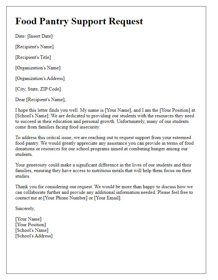 Letter template of food pantry support request for school programs.