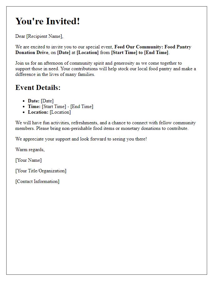 Letter template of special event invitation for food pantry donations.