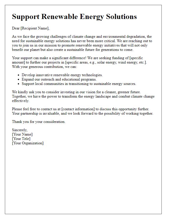 Letter template of call to action for funding renewable energy solutions.