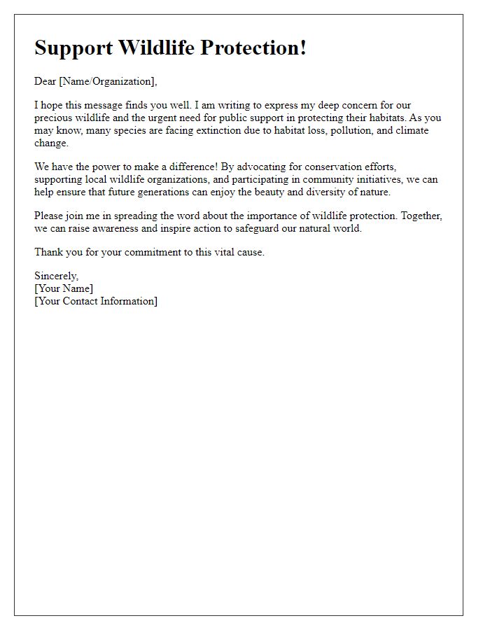 Letter template of encouragement for public support of wildlife protection.