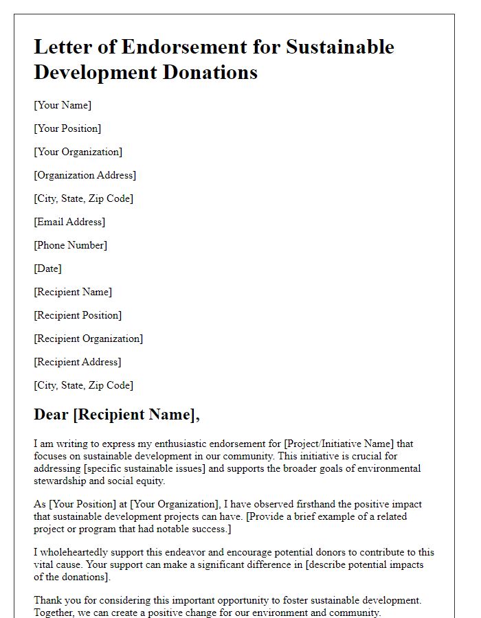 Letter template of endorsement for sustainable development donations.