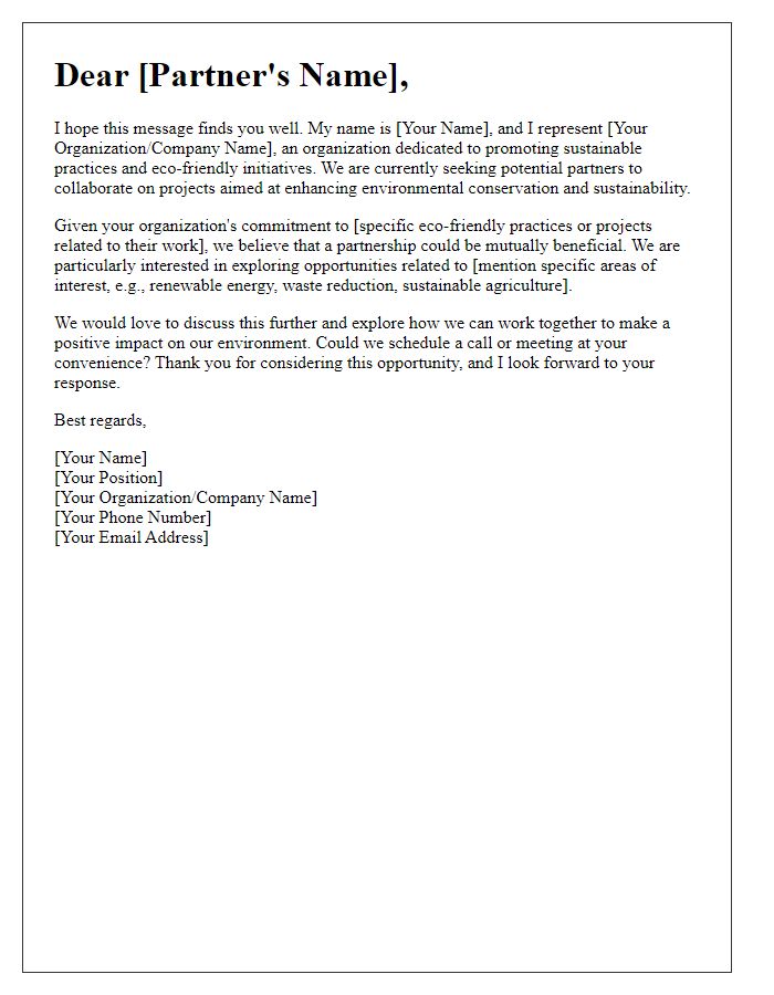 Letter template of inquiry for partners in eco-friendly projects.