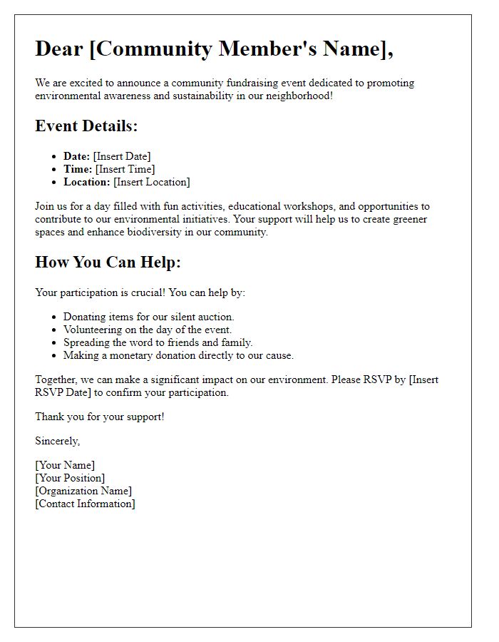 Letter template of notification for community fundraising for environmental awareness.