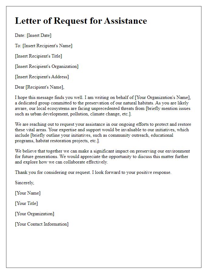 Letter template of request for assistance in preserving natural habitats.