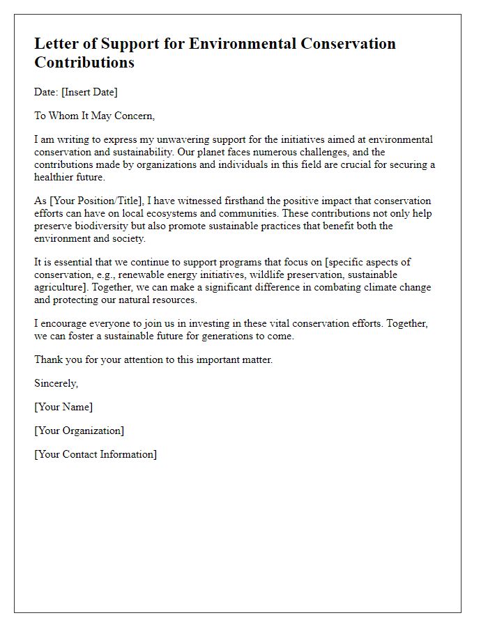 Letter template of support for environmental conservation contributions.