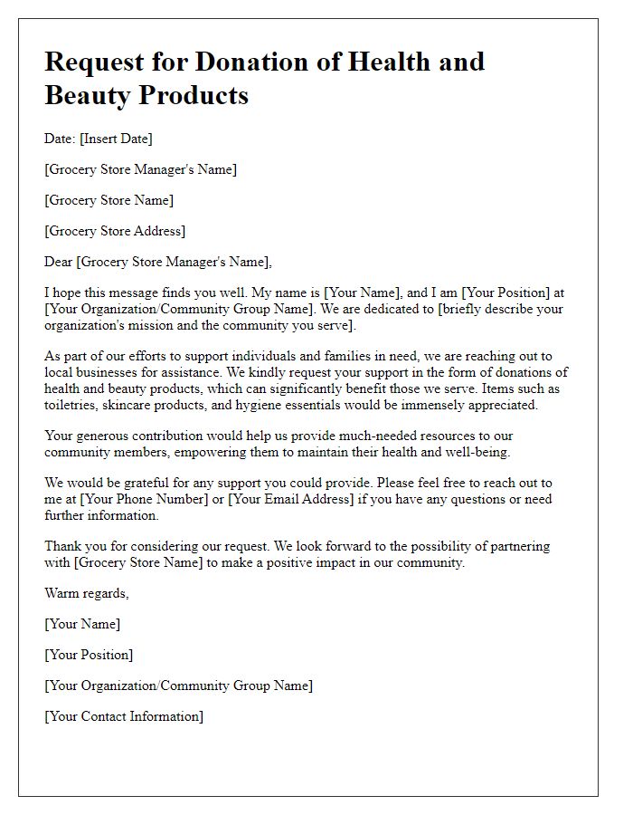 Letter template of donation request for health and beauty products from grocery stores