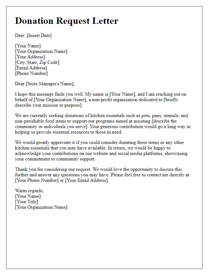 Letter template of donation request for kitchen essentials from grocery stores