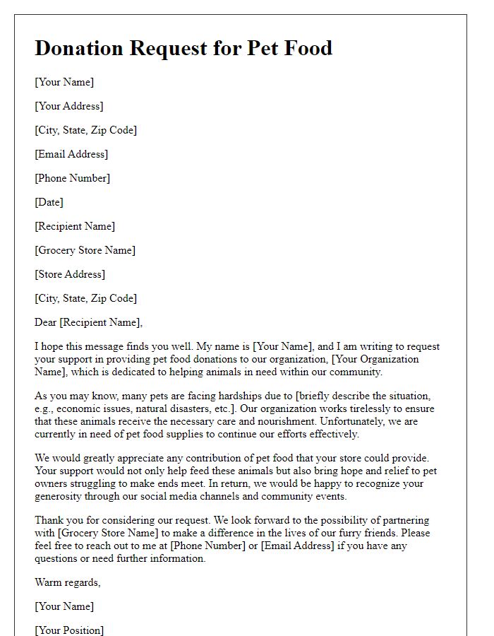 Letter template of donation request for pet food from grocery stores