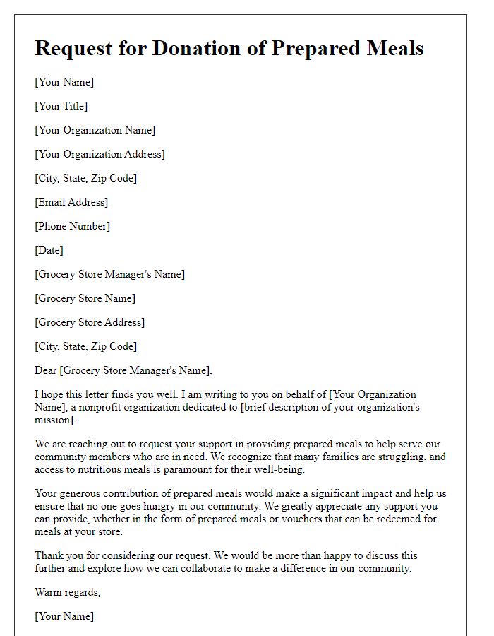 Letter template of donation request for prepared meals from grocery stores