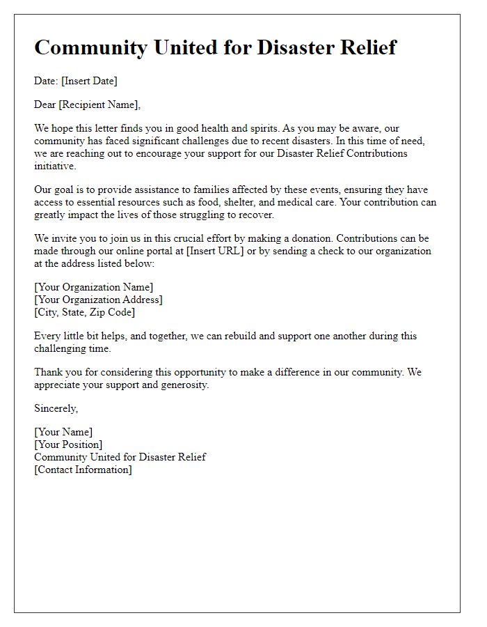 Letter template of community united for disaster relief contributions