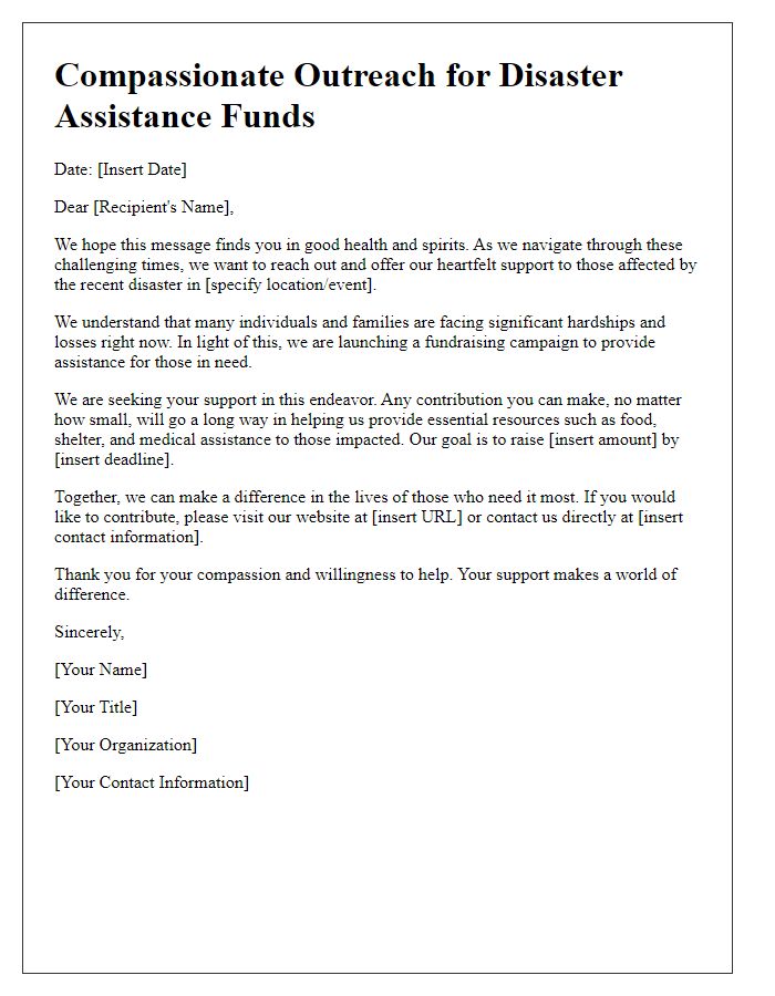 Letter template of compassionate outreach for disaster assistance funds