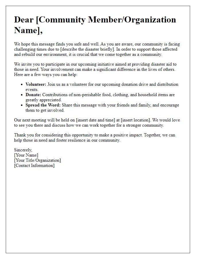 Letter template of encouraging community involvement in disaster aid