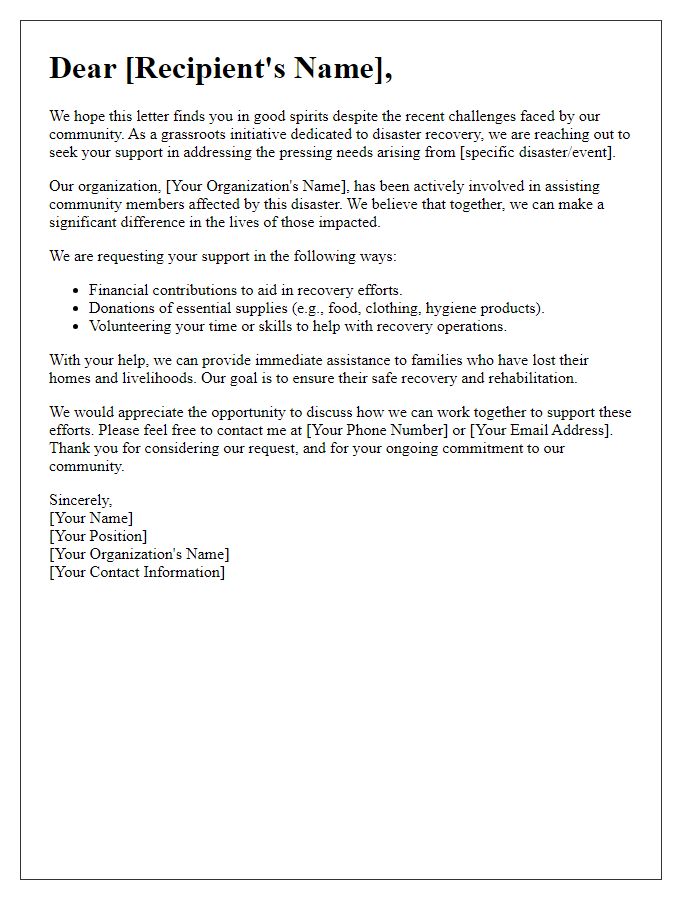 Letter template of grassroots initiative for disaster recovery support