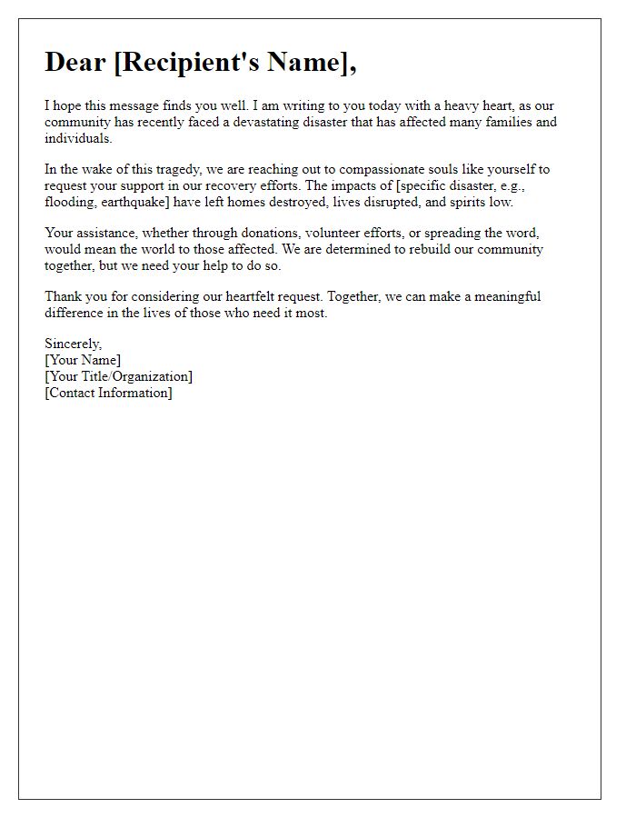 Letter template of heartfelt request for support towards disaster recovery