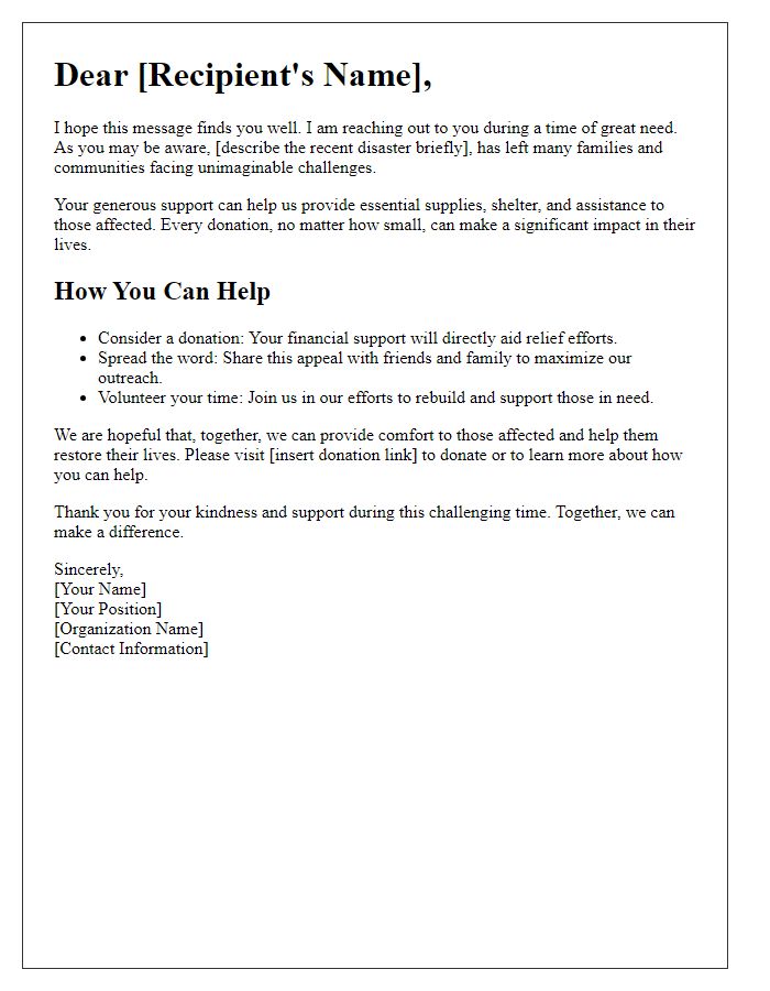 Letter template of hopeful plea for generous disaster relief donations