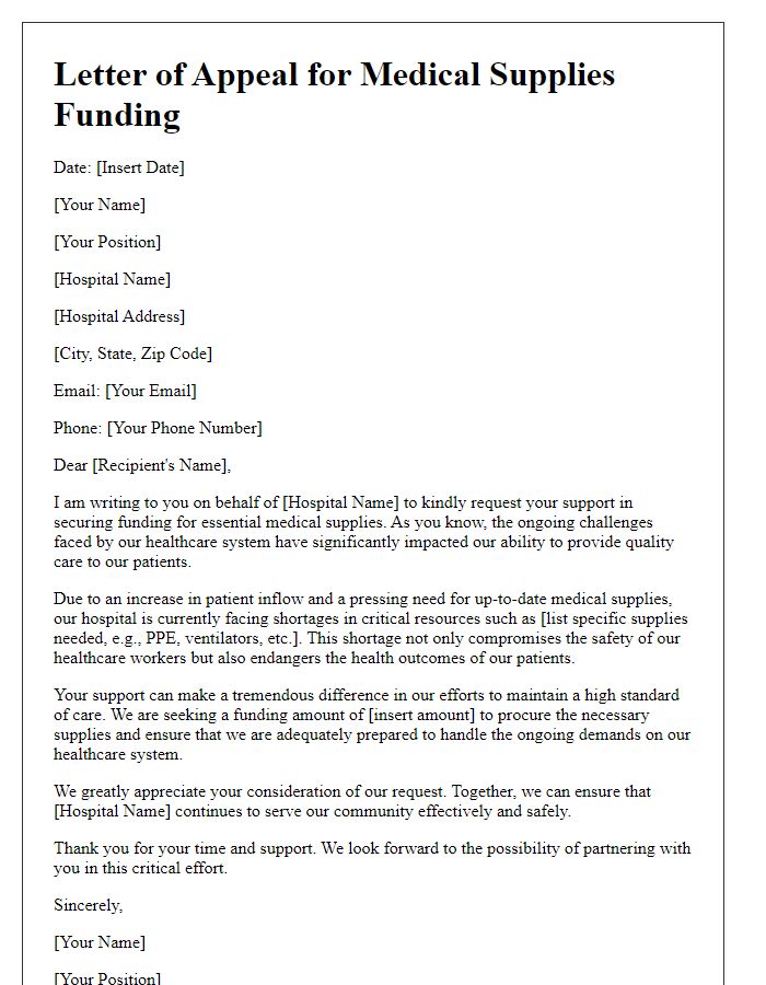 Letter template of appeal for medical supplies funding for hospitals