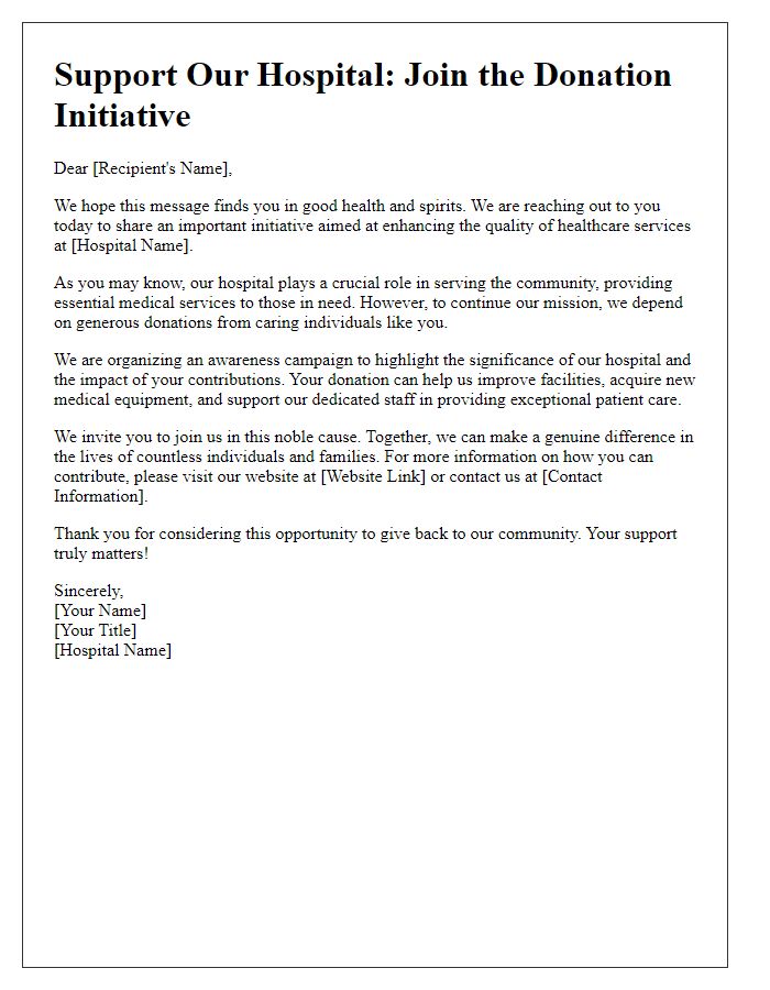 Letter template of awareness campaign for hospital donation initiatives