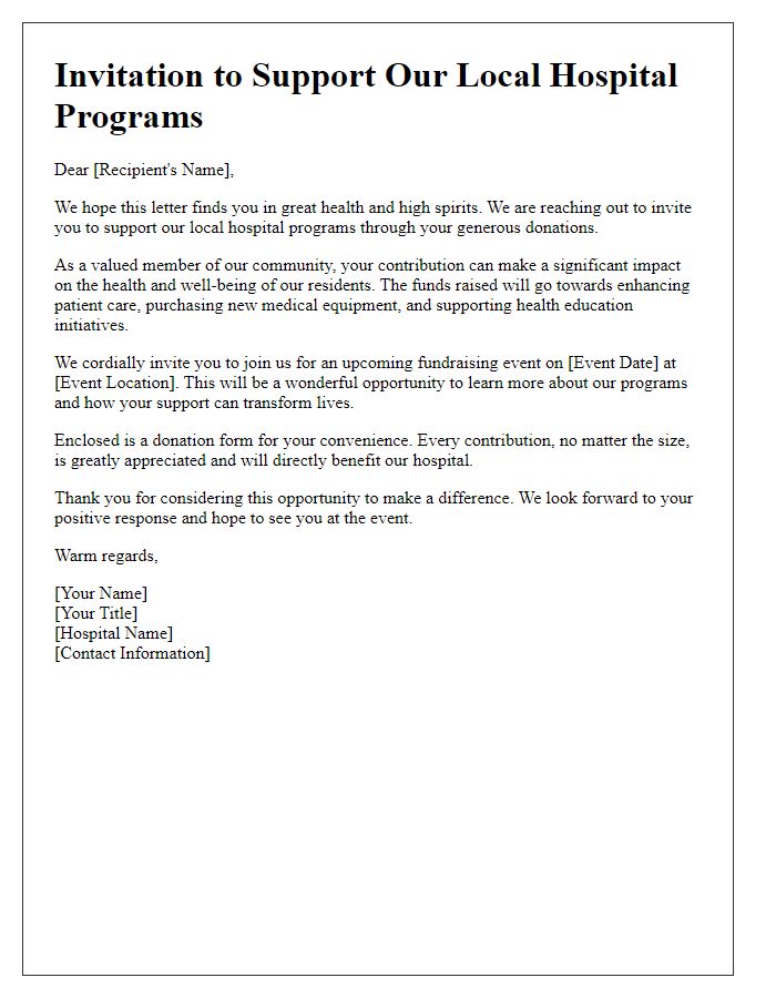 Letter template of invitation to support local hospital programs through donations