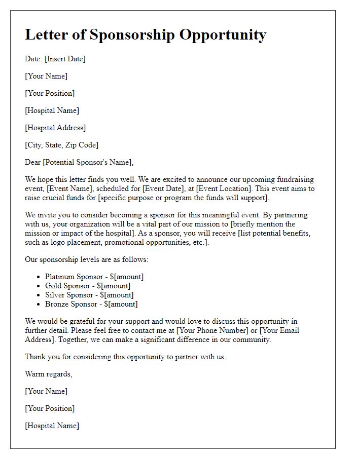 Letter template of sponsorship opportunity for hospital fundraising events