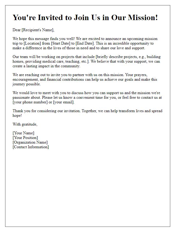 Letter template of compelling invitation to support our mission trip