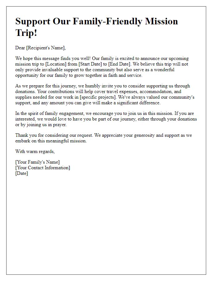 Letter template of family-friendly approach to mission trip donations