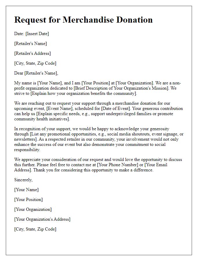 Letter template of merchandise donation appeal for retailers.