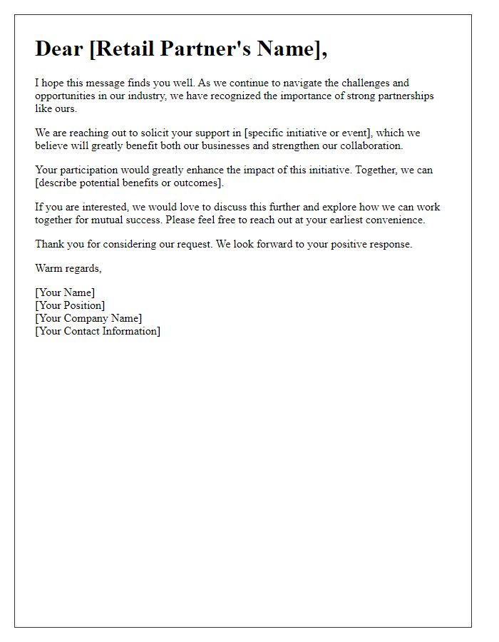 Letter template of support solicitation for retail partners.