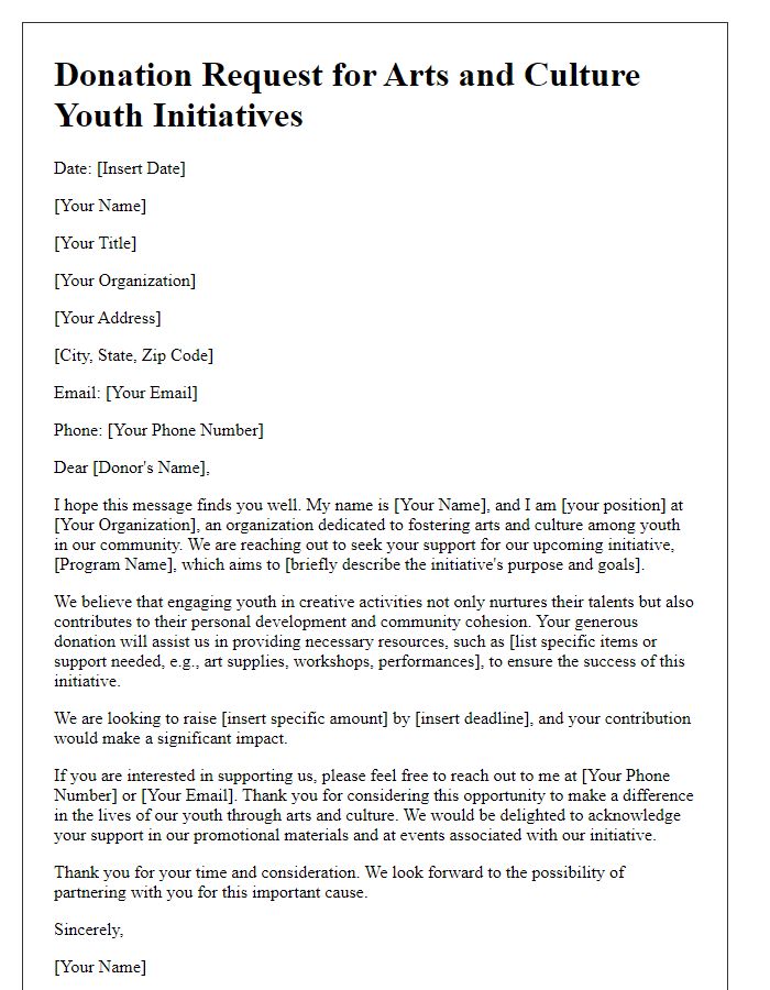 Letter template of donation request for arts and culture youth initiatives