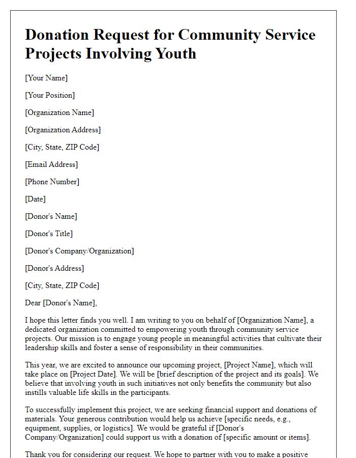 Letter template of donation request for community service projects involving youth