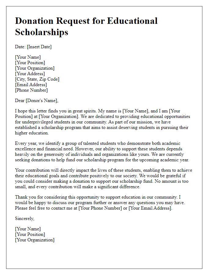 Letter template of donation request for educational scholarships