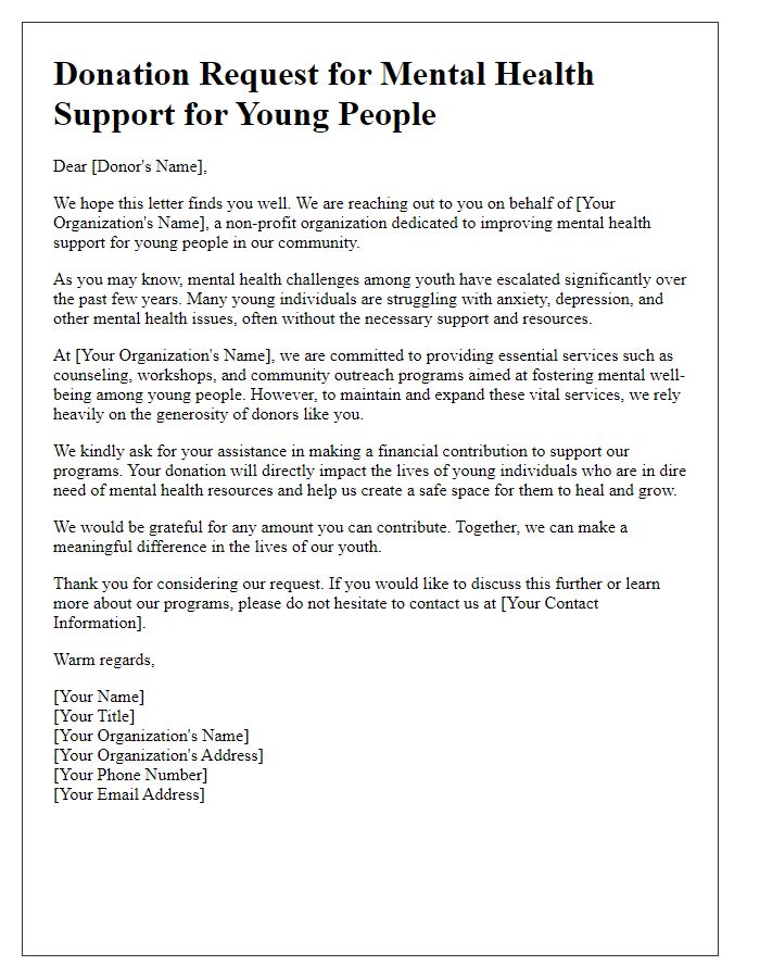 Letter template of donation request for mental health support for young people