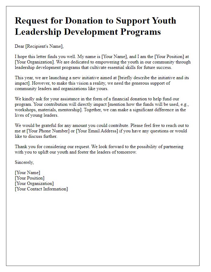 Letter template of donation request for youth leadership development programs