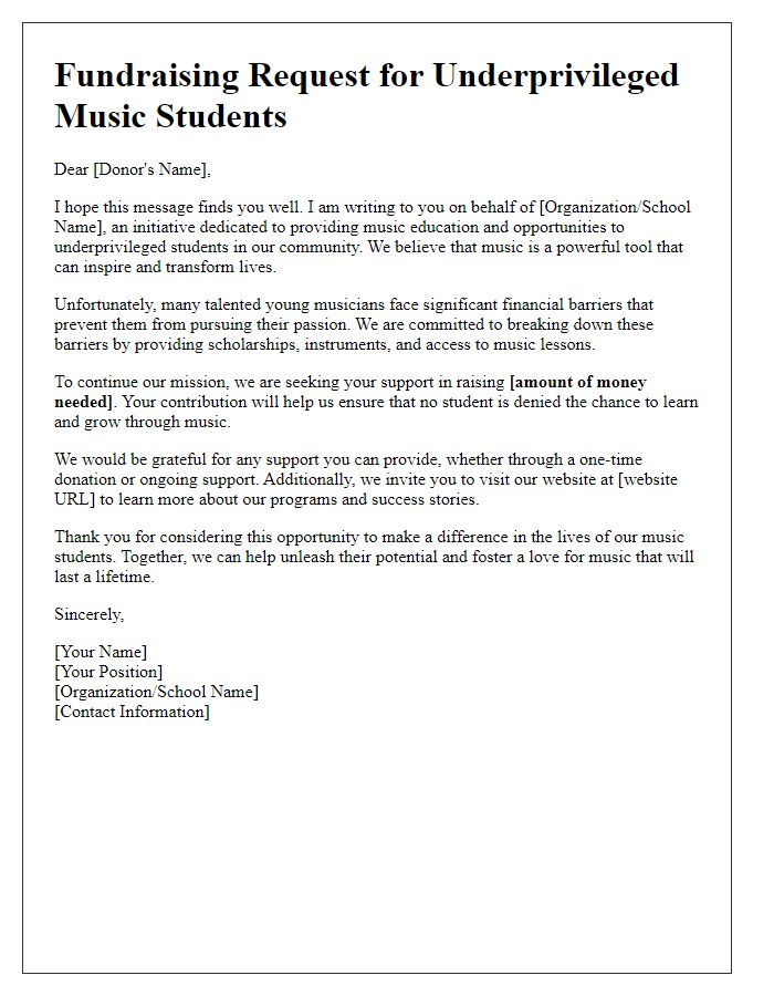 Letter template of fundraising request for underprivileged music students.