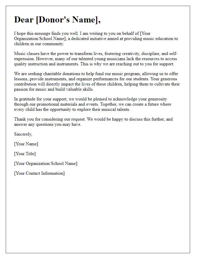 Letter template of heartfelt request for charitable donations for music classes.