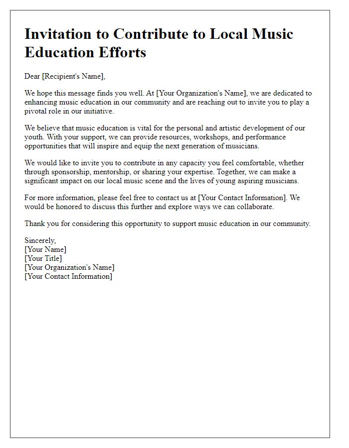 Letter template of invitation to contribute to local music education efforts.